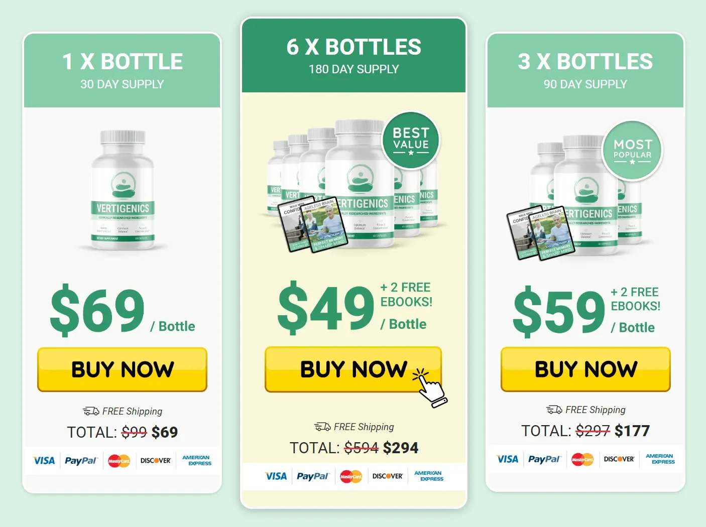 Vertigenics package pricing graphic showing one, three and six bottle offers